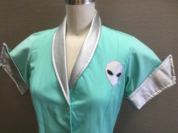 Womens, Waitress/Maid, MTO, Mint Green, Silver, Black, Vinyl, Poly/Cotton, Solid, Human Figure, XS, Mint Green, with Silver Shawl Collar Attached, Milky W/silver Trim Snap Front, Silver Alien Face on Left Chest, Short Sleeves W/silver Pointy Cuffs