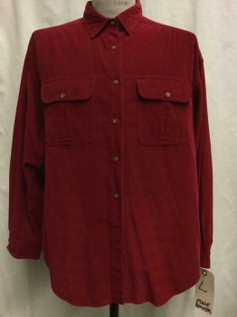 EDDIE BAUER, Red, Cotton, Solid, Red Corduroy, Button Front, Collar Attached, Long Sleeves, 2 Flap Pockets