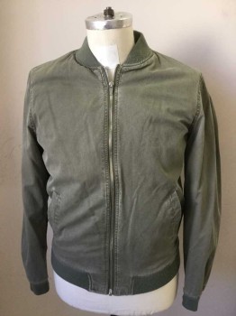 Mens, Casual Jacket, ZARA, Olive Green, Cotton, Solid, M, Zip Front, Long Sleeves, 2 Pockets, Members Only Style Jacket, Ribbed Knit Collar/Cuff/Waistband