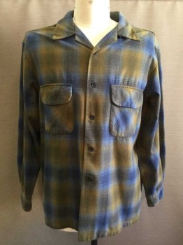 PENDLETON, Olive Green, Navy Blue, Blue, Wool, Plaid, Button Front, Flannel, Long Sleeves, Collar Attached, 2 Flap Pockets
