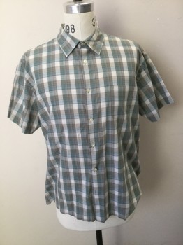 VAN HEUSSEN, Sea Foam Green, White, Gray, Poly/Cotton, Check , Short Sleeves, Collar Attached, Button Front, 1 Pocket,