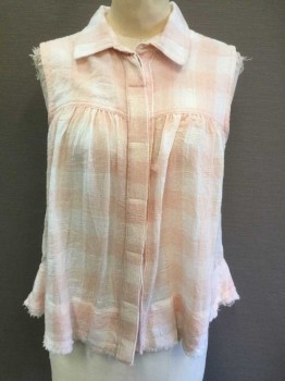 FREE PEOPLE, Peach Orange, White, Polyester, Rayon, Gingham, Gingham Pattern Gauze, Sleeveless, Button Front, Collar Attached, Gathered at Yoke Across Bust, Frayed Unfinished Hem