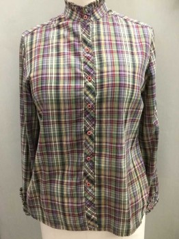FOUR SEASONS, Lavender Purple, Red Burgundy, White, Sage Green, Tan Brown, Cotton, Plaid, Long Sleeves, Button Front, Band Collar, Cuffs + Neck Have Pleated Ruffle Edge, No Pockets,