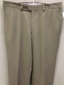 N/L, Brown, Wool, Solid, Gabardine, Flat Front, Zip Front, 4 Pockets, Button Tab,