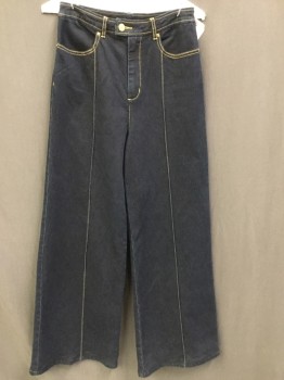 Womens, Pants, RACHEL ZOE, Indigo Blue, Yellow, Cotton, Spandex, Solid, W28", High Waisted, Wide Leg, Flared Stretch Denim with Stitched Creases, Zip Front Button Tab, 2 Pockets in Front, 2 Fake Pocket in Back, Waist Alteration Center Back to 28"