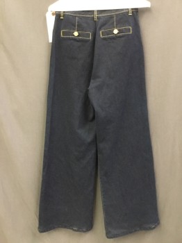RACHEL ZOE, Indigo Blue, Yellow, Cotton, Spandex, Solid, High Waisted, Wide Leg, Flared Stretch Denim with Stitched Creases, Zip Front Button Tab, 2 Pockets in Front, 2 Fake Pocket in Back, Waist Alteration Center Back to 28"