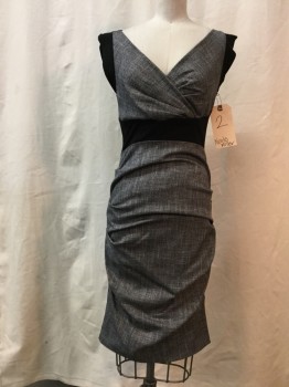 NICOLE MILLER, Heather Gray, Black, Polyester, Wool, Color Blocking, Heather Gray, Black Waist and Trim, Sleeveless. Ruched Sides, Zip Back