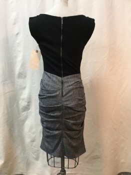 NICOLE MILLER, Heather Gray, Black, Polyester, Wool, Color Blocking, Heather Gray, Black Waist and Trim, Sleeveless. Ruched Sides, Zip Back