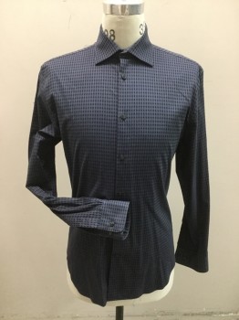 SAKS 5TH AVE, Slate Blue, Black, Cotton, Check , Long Sleeves, Collar Attached, Button Front,