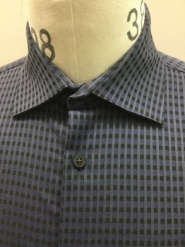 SAKS 5TH AVE, Slate Blue, Black, Cotton, Check , Long Sleeves, Collar Attached, Button Front,