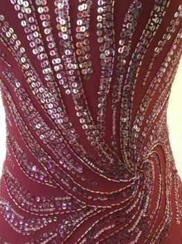 Womens, Cocktail Dress, SUE WONG, Wine Red, Silk, Sequins, Solid, 8, Silk Chiffon with Sunburst Shaped Sequin Pattern. Self Tassled Skirt with Sequins All Over. V. Neck, Skinny Straps, Scoop Open Back, Bias Cut
