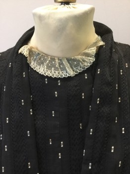 N/L, Black, Cream, Cotton, Linen, Geometric, Middle Class. Self Woven Textured Satin Stripe with Cream Print, Cream Lace Collar at Neck Front. Hidden Hook and Eye Closure at Bodice, Long Sleeves. Repairs on Shoulders. Fabric in Delicate State,