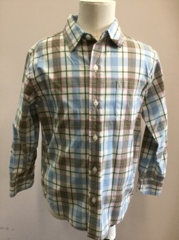 JANIE & JACK, White, Lt Blue, Green, Pink, Cotton, Plaid, Button Front, Collar Attached, Long Sleeves, 1 Pocket, Button Tabs for Sleeve Roll Up