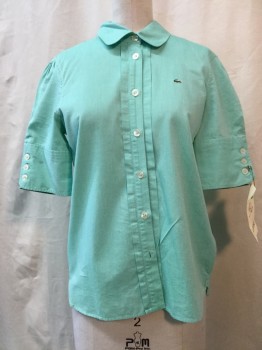 LACOSTE, Green, Cotton, Solid, Green, Button Front, Collar Attached, Short Sleeves,