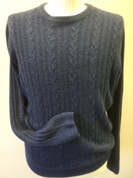 Mens, Pullover Sweater, GEOFFREY BEENE, Dk Blue, Acrylic, Cable Knit, Large, Crew Neck, Long Sleeves,