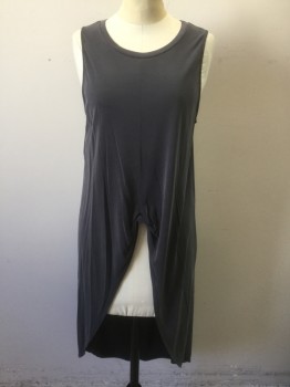 ASTR, Dk Gray, Modal, Polyester, Solid, Stretchy Material, Sleeveless, Scoop Neck, Dramatic High/Low Hemline with Knotted Detail at Waist (Highest Point), Becomes Lower in Back, Lowest Point is Ankle Length
