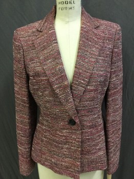 Womens, Blazer, ANNE KLEIN, Red, Black, Silver, Peach Orange, Off White, Polyester, Acrylic, Tweed, Stripes - Horizontal , 6, Red/black/silver/peach Orange/off White Tweed Horizontal Stripes, SolidSalmon Lining, Notched Lapel, Single Breasted, 1 Button Front, Long Sleeves, 2 Pockets