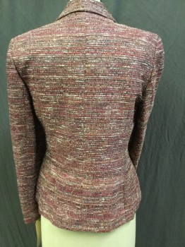 Womens, Blazer, ANNE KLEIN, Red, Black, Silver, Peach Orange, Off White, Polyester, Acrylic, Tweed, Stripes - Horizontal , 6, Red/black/silver/peach Orange/off White Tweed Horizontal Stripes, SolidSalmon Lining, Notched Lapel, Single Breasted, 1 Button Front, Long Sleeves, 2 Pockets