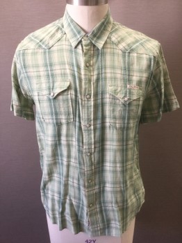 LUCKY BRAND, Lt Green, Green, Cotton, Plaid, Short Sleeves, Snap Front, Collar Attached, 2 Flap Pockets with Snap Closures, Snaps are White Mother of Pearl in Silver Setting, Western Style Yoke and Styling, **Has Multiples