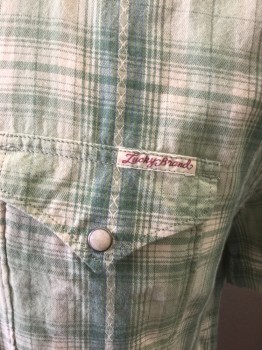 LUCKY BRAND, Lt Green, Green, Cotton, Plaid, Short Sleeves, Snap Front, Collar Attached, 2 Flap Pockets with Snap Closures, Snaps are White Mother of Pearl in Silver Setting, Western Style Yoke and Styling, **Has Multiples