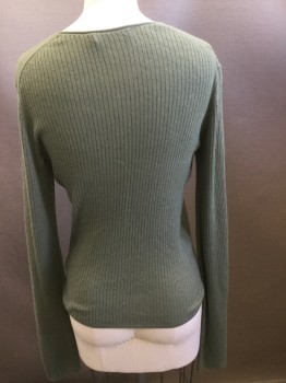 VINCE, Sage Green, Cashmere, Solid, Crew Neck, Rib Knit, Long Sleeves,