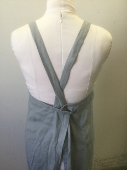 N/L, Lt Gray, Linen, Solid, Square Neck with 4 Rows of Pin Tucks, 1" Wide Straps That Cross Over in Back, Button Closure at Back Waist, Floor Length