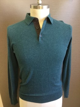Mens, Pullover Sweater, NEIMAN MARCUS, Teal Blue, Cashmere, Solid, M, Polo Style, Collar Attached, 3 Button Neck, Long Sleeves,