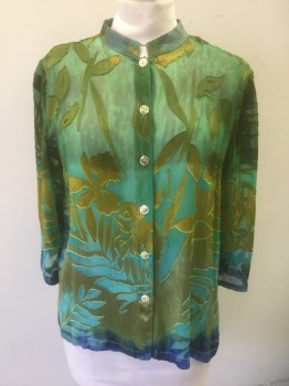 Womens, Blouse, CITRON, Green, Blue, Chartreuse Green, Rayon, Silk, Floral, M, Sheer Chiffon with Burnout Satin, Ombre Dye, 3/4 Sleeve, Button Front, Mandarin Collar, Boxy Oversized Fit