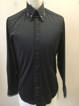 MONDO, Black, White, Cotton, Polyester, Solid, Plaid - Tattersall, Button Front, Hidden Placket, Collar Attached with White and Black Tattersall , Long Sleeves, Silver Collar Bar with Rhinestone