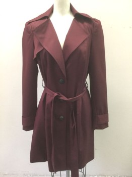 Womens, Coat, Trenchcoat, MAAS, Red Burgundy, Polyester, Solid, S, Twill, 3 Large Black Metal Buttons with Embossed Detail, Collar Attached, Epaulettes at Shoulders, Shoulder Pads, Belt Loops, **2 Piece with Matching Fabric Sash BELT