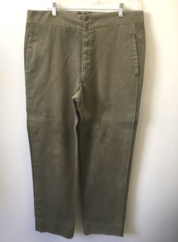 Mens, Historical Fiction Pants, N/L MTO, Taupe, Cotton, Solid, Ins:30, W:38, Ribbed Texture, Flat Front, Button Fly, 2 Pockets, Suspender Buttons at Inside Waistband, Belted Back, Lightly Aged, Made To Order Reproduction