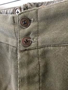 N/L MTO, Taupe, Cotton, Solid, Ribbed Texture, Flat Front, Button Fly, 2 Pockets, Suspender Buttons at Inside Waistband, Belted Back, Lightly Aged, Made To Order Reproduction