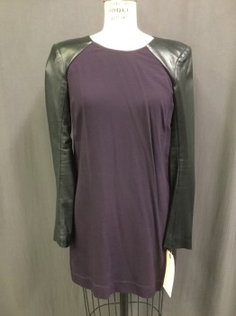 Womens, Top, MASON, Black, Aubergine Purple, Leather, Rayon, Color Blocking, 4/6, Round Neck, Leather Long Sleeves, Long Line, Short Dress? Button Back Neck with Deep Opening, Shoulder Pads