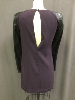 MASON, Black, Aubergine Purple, Leather, Rayon, Color Blocking, Round Neck, Leather Long Sleeves, Long Line, Short Dress? Button Back Neck with Deep Opening, Shoulder Pads