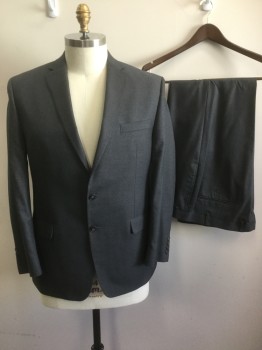 CALVIN KLEIN, Dk Gray, Polyester, Rayon, Solid, Single Breasted, 2 Buttons,  Notched Lapel, 3 Pockets, 2 Back Vents,