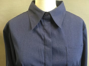 EXPRESS, Navy Blue, Polyester, Spandex, Solid, Long Sleeves, Collar Attached, Button Front, 1 Pocket,