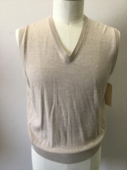 Mens, Sweater Vest, BROOKS BROTHERS, Khaki Brown, Wool, Solid, L, V-neck, Pull Over