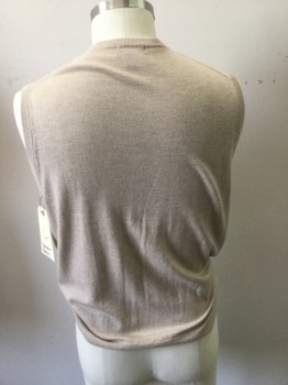Mens, Sweater Vest, BROOKS BROTHERS, Khaki Brown, Wool, Solid, L, V-neck, Pull Over