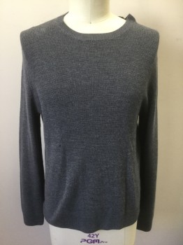 BROOKS BROTHERS, Gray, Wool, Solid, Horizontally Ribbed Knit, Long Sleeves, Crew Neck