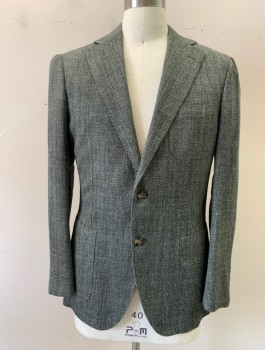 E. THOMAS, Charcoal Gray, White, Wool, Silk, Tweed, Herringbone, Single Breasted, Collar Attached, Notched Lapel, 3 Pockets, 2 Buttons