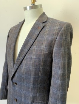 STAFFORD, Navy Blue, Brown, Beige, Wool, Polyester, Plaid, Single Breasted, Notched Lapel, 2 Buttons, Faux Suede Elbow Patches, 3 Pockets, Brown Lining