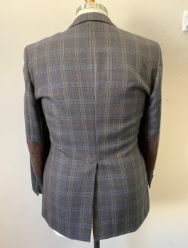 STAFFORD, Navy Blue, Brown, Beige, Wool, Polyester, Plaid, Single Breasted, Notched Lapel, 2 Buttons, Faux Suede Elbow Patches, 3 Pockets, Brown Lining
