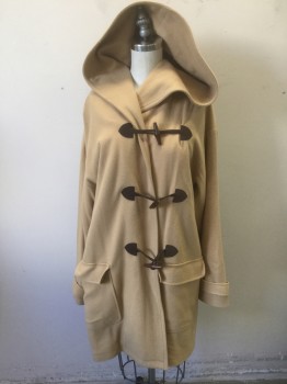 COMPANY ELLEN TRACY, Camel Brown, Dk Brown, Wool, Nylon, Solid, Camel with 3 Brown Faux Suede Loops with Wood Toggles, 2 Hip Pockets with Flap Closures, Hooded, Hip Length