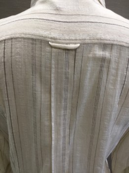 DOLCE & GABBANA, Cream, White, Black, Cotton, Linen, Stripes, Cream with White/Black Stripes, Raw Edge Fabrics Attached As Stripes Front, Button Front, Collar Attached, Long Sleeves, Panel Pleated Center Back