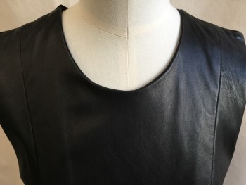 MASON, Black, Leather, Polyester, Solid, Round Neck, Black Lining, Sleeveless, 5.5" Flair Bottom Hem, Zip Back,
