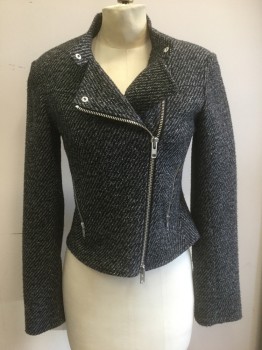 Womens, Casual Jacket, THEORY, Charcoal Gray, Black, Lt Gray, Cotton, Polyamide, Speckled, 2 Color Weave, 2, Textured Fabric, Crossover Zip Front, Stand Collar, Lightly Padded Shoulders, 2 Zip Pockets, Solid Black Lining