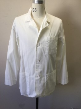 MED MAN, White, Poly/Cotton, Solid, Single Breasted, Collar Attached, Notched Lapel, 3 Pockets, Long Sleeves