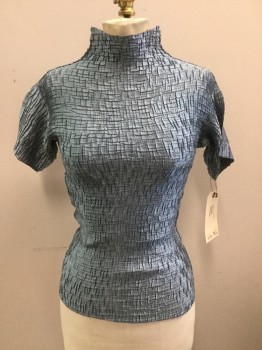 Womens, Shell, N/L, Ice Blue, Polyester, Solid, M, Novelty Texture, Super Stretch, Short Sleeves, Mock Neck