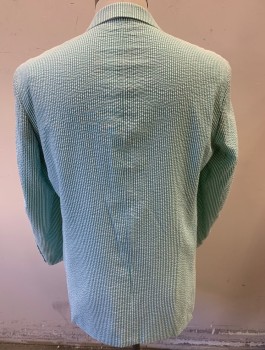 PALLINI, White, Teal Green, Poly/Cotton, Seersucker, Single Breasted, Notched Lapel, 3 Buttons, 3 Pockets, Double Back Vent