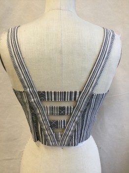 LUCCA COUTURE, Off White, Black, Gray, Cotton, Diamonds, Stripes - Vertical , Cropped Top, Sweetheart Neckline, 1" Straps, Vertical Black Trim Hook & Eye Front Center, 3 Short 1" Horizontal Straps Cut Out Back,